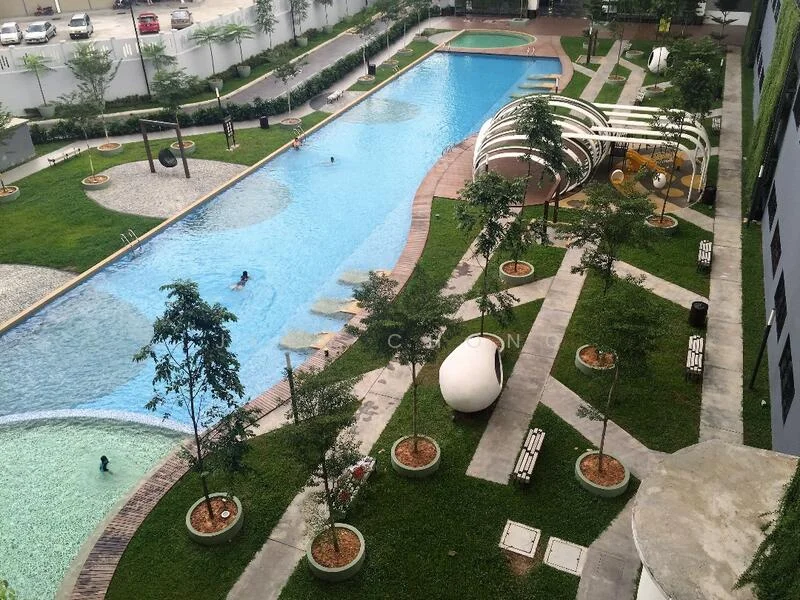 Exterior type: swimming pool deck; features: infinity pool, lap pool, pool deck with loungers, landscaped garden, manicured lawn, stone-paved walkway, outdoor seating area, children's playground, water feature, trees and shrubs; style: modern.