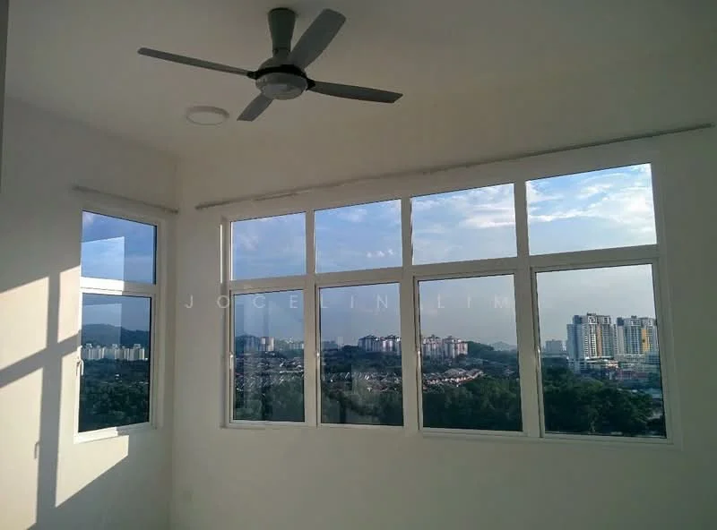 Room features: floor-to-ceiling windows, white painted walls, ceiling fan, city view; style: modern; view: city.