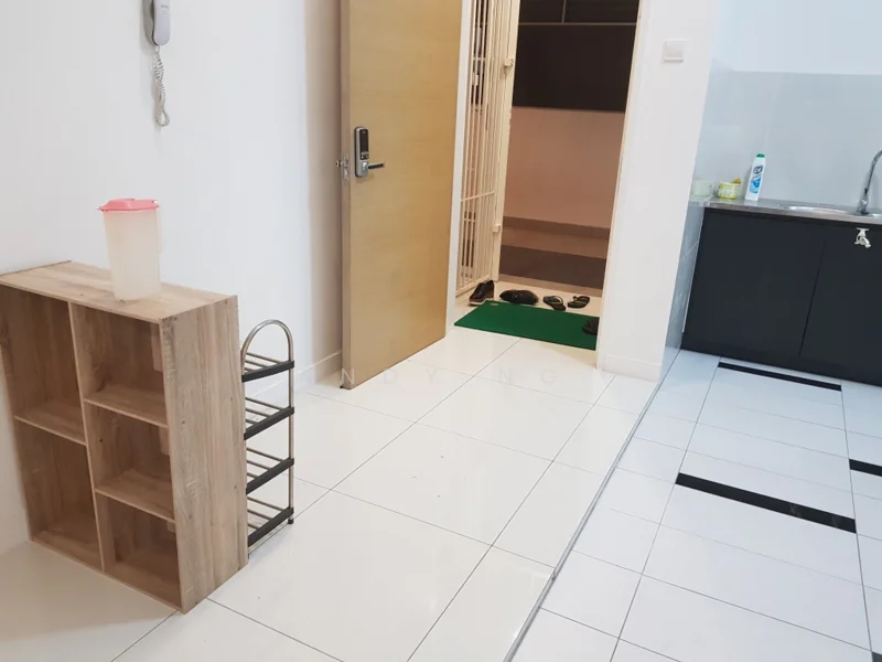 Room features: white painted walls, glossy white tile flooring, wooden shelving unit, black cabinetry, stainless-steel sink, kitchen countertop, doorway leading to another room, visible cleaning supplies, floor mat at entrance; style: modern.
