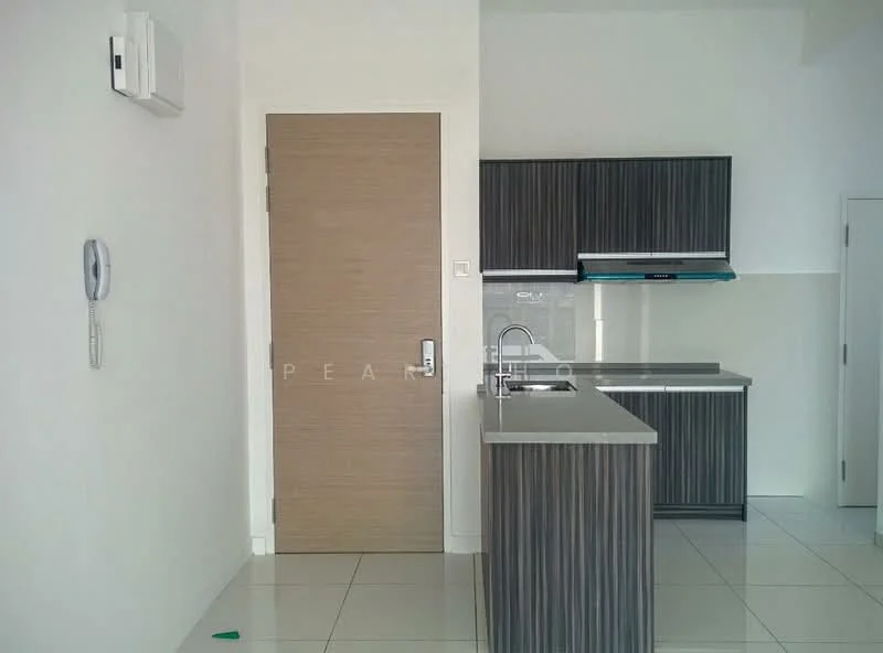 Kitchen features: grey laminate cabinetry, stainless-steel sink, chrome pull-down faucet, grey quartz countertop, white tiled backsplash, built-in oven, freestanding range oven, refrigerator space, wall-mounted air conditioning unit, white painted walls, glossy tile flooring; style: modern.