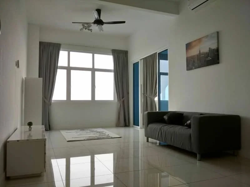 Living features: white painted walls, glossy tile flooring, 5-blade ceiling fan with light, floor-to-ceiling windows, sheer curtains, grey fabric sofa, white TV console, decorative wall art, area rug with abstract pattern; style: modern; view: city.