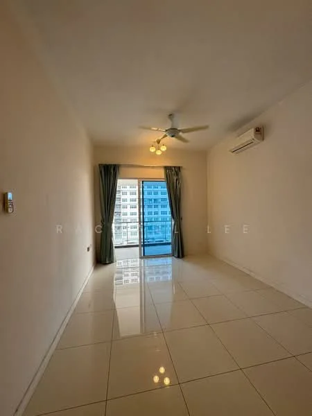 Living features: white painted walls, glossy ceramic tile flooring, 5-blade ceiling fan with light, wall-mounted split AC, floor-to-ceiling sliding glass door, curtains, natural light from window, neutral color scheme; style: modern; view: city.