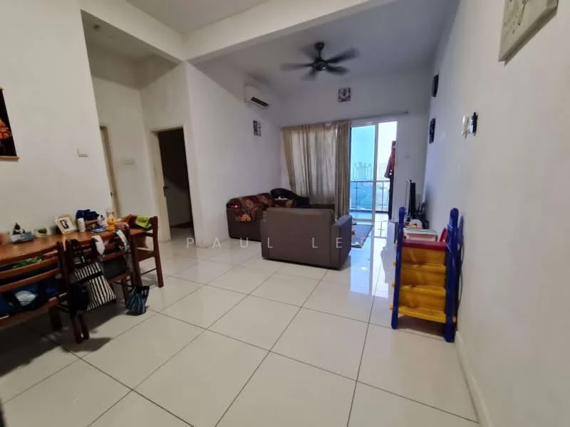 Living features: white painted walls, polished ceramic tile flooring, 5-blade ceiling fan, floor-to-ceiling windows, sliding glass door, curtains, sofa in grey, coffee table, TV console, area rug, dining table with chairs, children's play area with colorful storage, decorative wall art; style: modern; view: city.