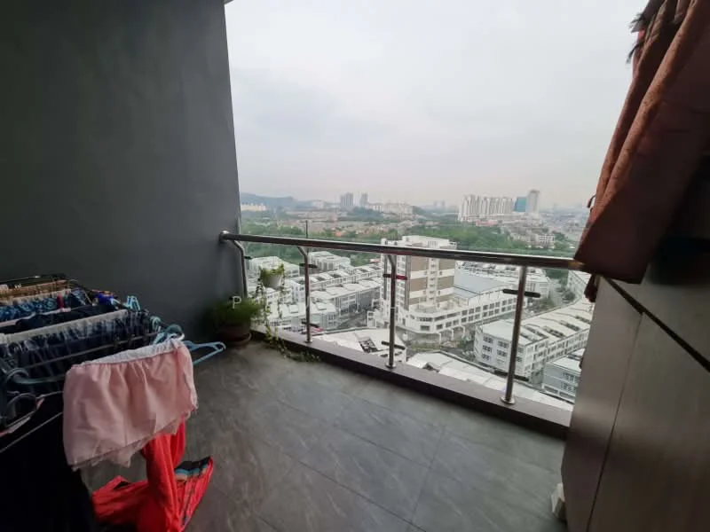 Balcony features: glass railing, grey tiled flooring, clothes drying rack, city skyline view, planter with greenery; style: modern; view: city.