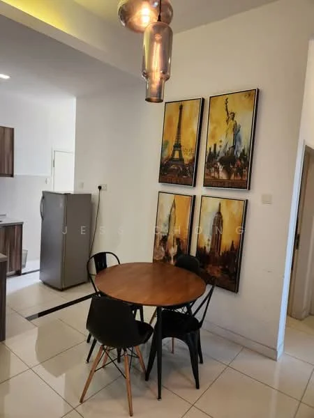 Dining features: round wooden dining table, 4 black dining chairs, framed artwork on walls, white painted walls, recessed ceiling lights, pendant light fixture, ceramic tile flooring, stainless-steel fridge, open kitchen layout visible in background; style: modern.