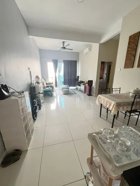 Living features: white painted walls, glossy tile flooring, 5-blade ceiling fan, floor-to-ceiling windows, sheer curtains, sofa, coffee table, TV console, wall-mounted TV, area rug, dining table with chairs, decorative wall art; style: modern; view: city.