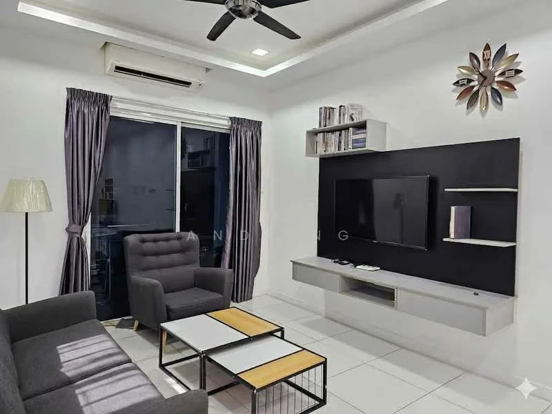Living features: 3-seater fabric sofa in grey, 2 coffee tables with black and white tops, wall-mounted TV, TV console with storage, floor-to-ceiling windows, sheer curtains, 5-blade ceiling fan with light, recessed downlights, decorative wall feature with geometric design, white painted walls, white tiled flooring, built-in shelving unit; style: modern.
