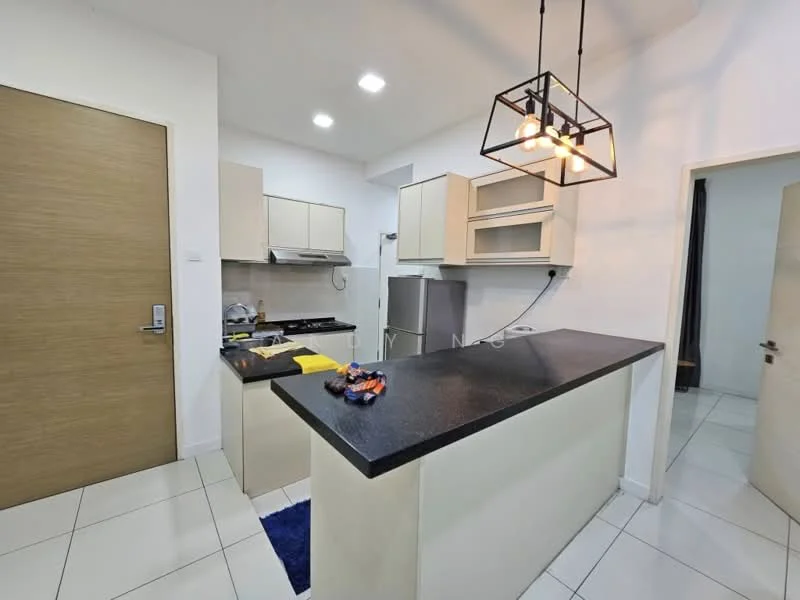 Kitchen features: black countertop, light-colored cabinetry, stainless-steel fridge, built-in oven, 4-burner gas hob, exhaust hood, pendant lighting, white tiled backsplash, white tiled flooring, open layout, kitchen island with seating, single-bowl stainless-steel sink; style: modern.