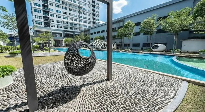 Exterior type: high-rise condominium; features: swimming pool, landscaped garden, hanging chair, stone-paved walkway, mature trees, lounge chairs, modern architectural design, water feature, open green space; style: modern.