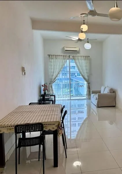 Living features: white painted walls, glossy white tile flooring, 5-blade ceiling fan with light, 3 pendant lights, floor-to-ceiling windows, sheer curtains, sofa in light color, dining table with tablecloth, 4 black dining chairs, air conditioning unit; style: modern; view: city.
