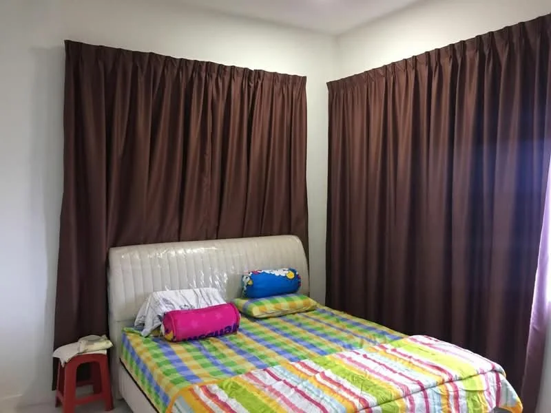Bedroom features: queen-size bed with upholstered headboard, colorful checkered bedspread, brown curtains, white bedside table, decorative pillows, laminate flooring, white painted walls, ceiling light fixture; style: modern.