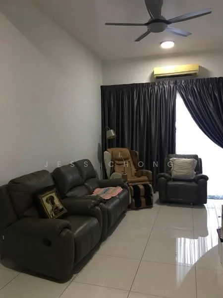 Living features: 3-seater leather sofa in dark green, 1-seater leather armchair in beige, ceiling fan, white painted walls, glossy tile flooring, blackout curtains, floor-to-ceiling window, lamp beside armchair; style: modern.