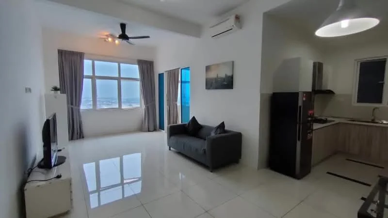 Living features: white painted walls, glossy tile flooring, 5-blade ceiling fan with light, floor-to-ceiling windows, grey fabric sofa, TV console, wall-mounted TV, curtains, air conditioning unit; style: modern; view: city. Kitchen features: stainless-steel fridge, built-in kitchen cabinets, countertop, sink, stove, exhaust hood; style: modern.