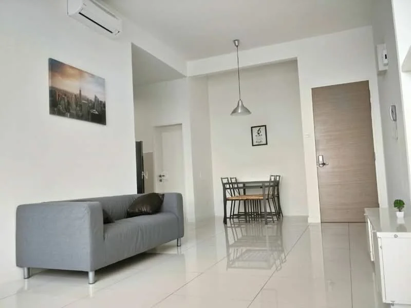Living features: grey fabric sofa, coffee table, white TV console, wall-mounted air conditioning unit, pendant light, white walls, glossy tile flooring, framed artwork on wall, dining area visible in background, door leading to hallway; style: modern. Dining features: 4-seater dining table, metal dining chairs, framed artwork on wall, white walls, glossy tile flooring; style: modern.