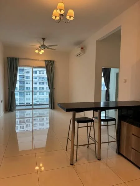 Living features: white painted walls, glossy ceramic tile flooring, 5-blade ceiling fan with light, recessed downlights, floor-to-ceiling windows, sliding glass door, curtains, kitchen island with bar stools, air conditioning unit; style: modern; view: city.