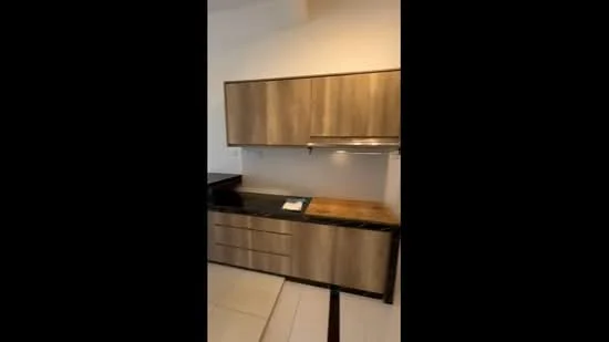 Kitchen features: black granite countertop, wood cabinetry with a natural finish, stainless-steel range hood, built-in oven, four-burner gas hob, ceramic tile flooring, wall-mounted cabinets, drawer storage, open shelving, white walls; style: modern.