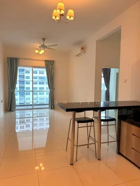 Living features: white painted walls, glossy tile flooring, 5-blade ceiling fan with light, recessed downlights, floor-to-ceiling windows, sliding glass door, curtains, kitchen island with bar stools, air conditioning unit, mirror on wall; style: modern; view: city.