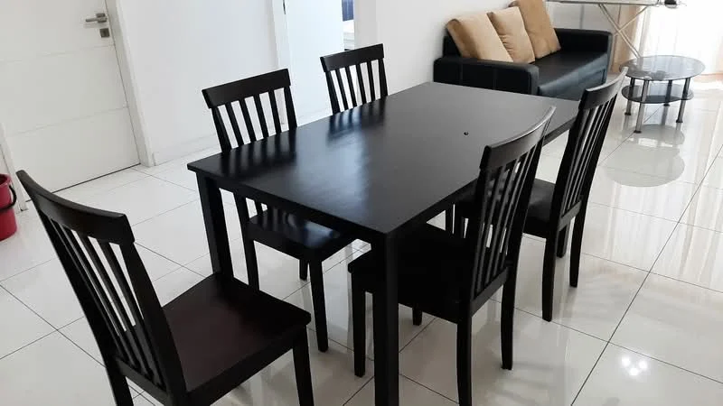 Dining features: black dining table, 6 dining chairs, white tiled flooring, large windows, sofa in black, glass coffee table, decorative cushions on sofa, neutral wall color; style: modern.