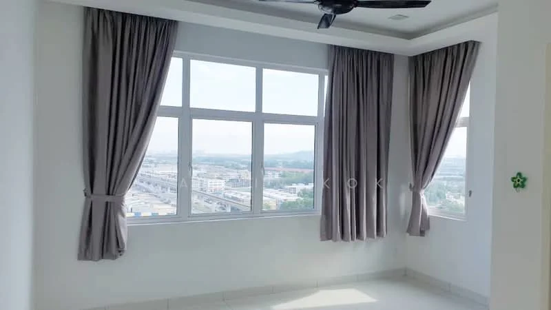 Room features: floor-to-ceiling windows, grey curtains, white painted walls, tray ceiling, light-colored tile flooring, city view; style: modern; view: city.