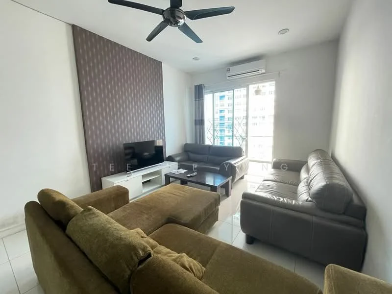 Living features: L-shape sectional sofa in olive green, 3-seater leather sofa in grey, coffee table, TV console, wall-mounted TV, area rug, ceiling fan, white painted walls, large windows with city view, air conditioning unit; style: modern; view: city.
