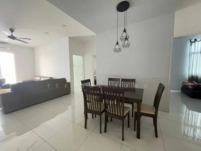 Dining features: dining table with 6 wooden chairs, white walls, polished ceramic tile flooring, ceiling light fixture with pendant lamps, open layout to living area, large windows for natural light, air conditioning unit, neutral decor; style: modern. Living features: 3-seater fabric sofa in grey, floor-to-ceiling windows, neutral decor, open layout to dining area; style: modern.