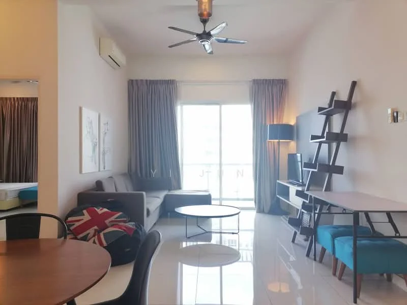 Living features: 3-seater fabric sofa in grey, coffee table, wall-mounted TV, TV console, ceiling fan with light, floor-to-ceiling windows, curtains, decorative wall shelf, area rug, polished tile flooring; style: modern; view: city. Dining features: round dining table, black dining chairs, decorative artwork on wall; style: modern.