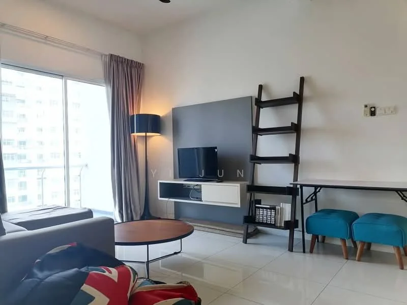 Living features: grey fabric sofa, round coffee table with wooden top, wall-mounted TV, white media console, decorative ladder shelf, blue upholstered stools, floor lamp with blue shade, curtains, sliding glass door, white tiled flooring; style: modern; view: city.