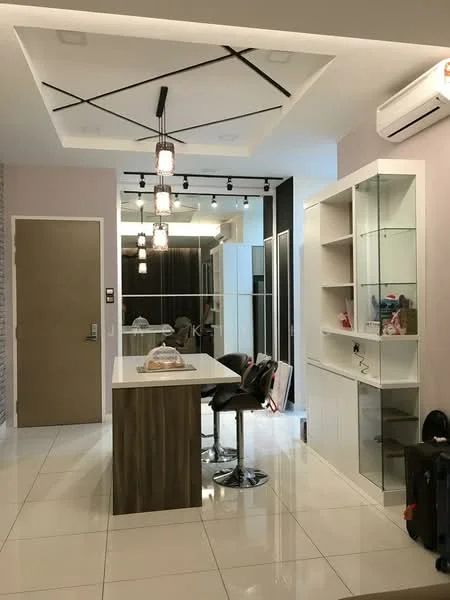 Room features: white glossy tile flooring, tray ceiling with geometric design, recessed downlights, pendant lighting, kitchen island with wood paneling, bar stools at kitchen island, built-in shelving unit with glass doors, wall-mounted air conditioning unit, neutral painted walls, glass partition, door with wood finish; style: modern.