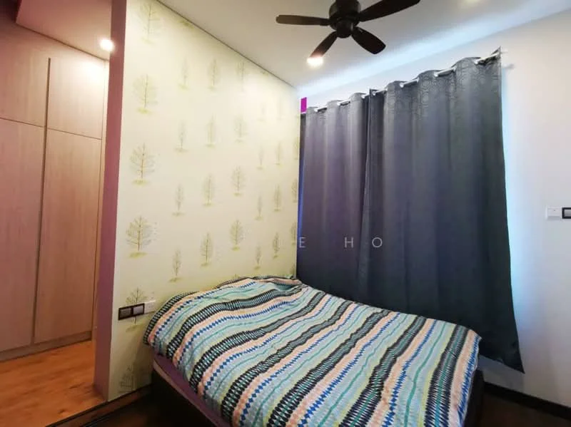 Bedroom features: queen-size bed with patterned bedding, wooden flooring, green and white tree-patterned wallpaper, dark grey curtains, ceiling fan, built-in wardrobe with sliding doors, wall-mounted light switch, decorative wall paneling; style: modern.