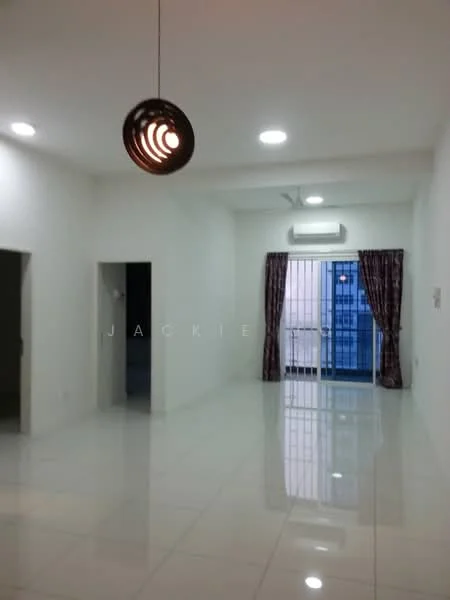Living features: white painted walls, glossy white tile flooring, recessed downlights, pendant light fixture, sliding glass door, floor-to-ceiling windows, curtains in dark fabric, wall-mounted split AC; style: modern.