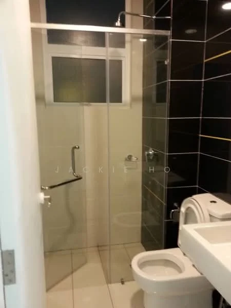 Bathroom features: glass shower enclosure, rain shower head, handheld shower, white toilet, single-sink vanity with countertop, chrome basin mixer, black tiled walls, white tiled flooring, window for natural light; style: modern.