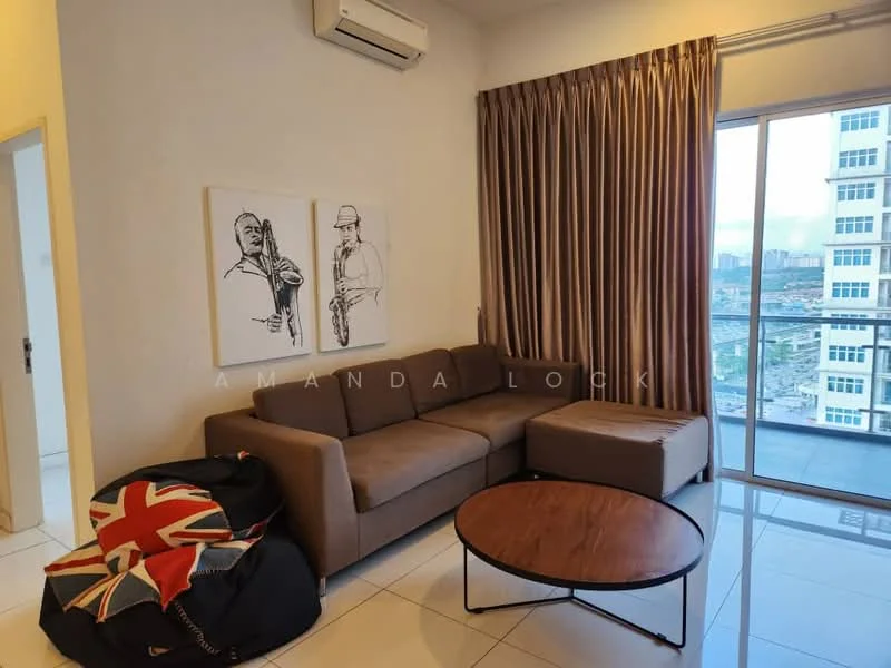 Living features: 3-seater fabric sofa in beige, coffee table with round wooden top, floor-to-ceiling windows, curtains in beige, air conditioning unit on wall, decorative artwork on walls, white painted walls, glossy tile flooring; style: modern; view: city.