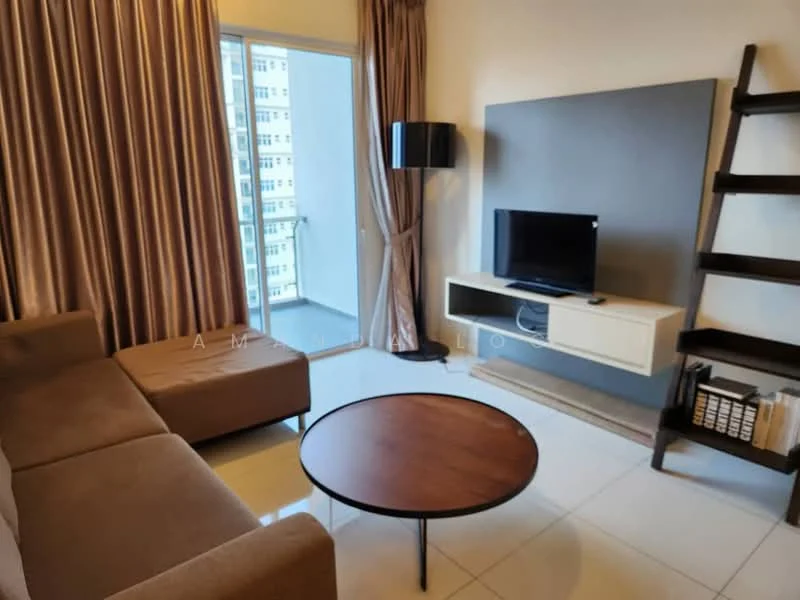 Living features: 3-seater fabric sofa in beige, round wooden coffee table, wall-mounted TV, TV console with storage, floor lamp, curtains in light brown, sliding glass door, white painted walls, ceramic tile flooring; style: modern; view: city.
