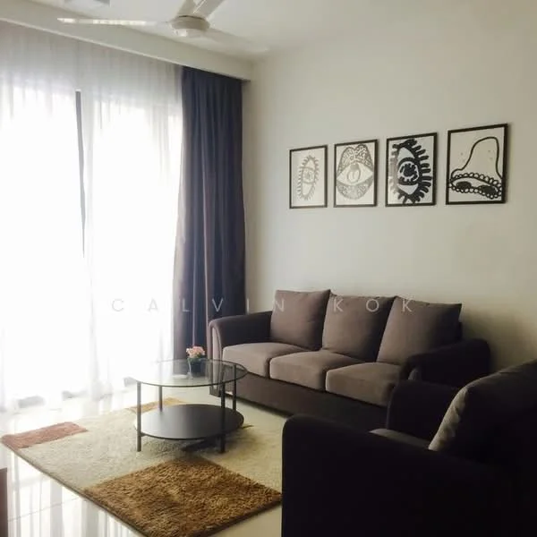 Living features: 3-seater fabric sofa in grey, 2-seater fabric sofa in dark grey, round coffee table with glass top, area rug with geometric pattern, floor-to-ceiling windows, sheer curtains, dark brown curtains, framed artwork on walls, ceiling fan; style: modern.