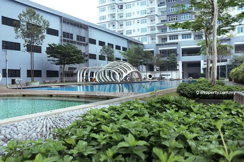 Exterior type: high-rise condominium; features: infinity pool, pool deck with loungers, landscaped garden, manicured lawn, mature trees, modern architectural design, water feature, surrounding greenery; style: modern.