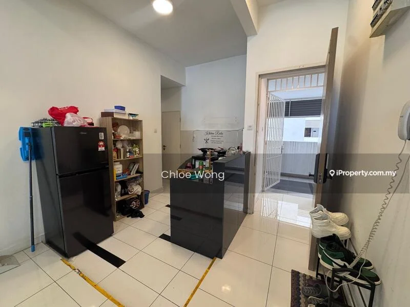 Kitchen features: black fridge, kitchen island, white tiled flooring, white walls, open shelving, built-in cabinets, countertop, doorway to outside area; style: modern.