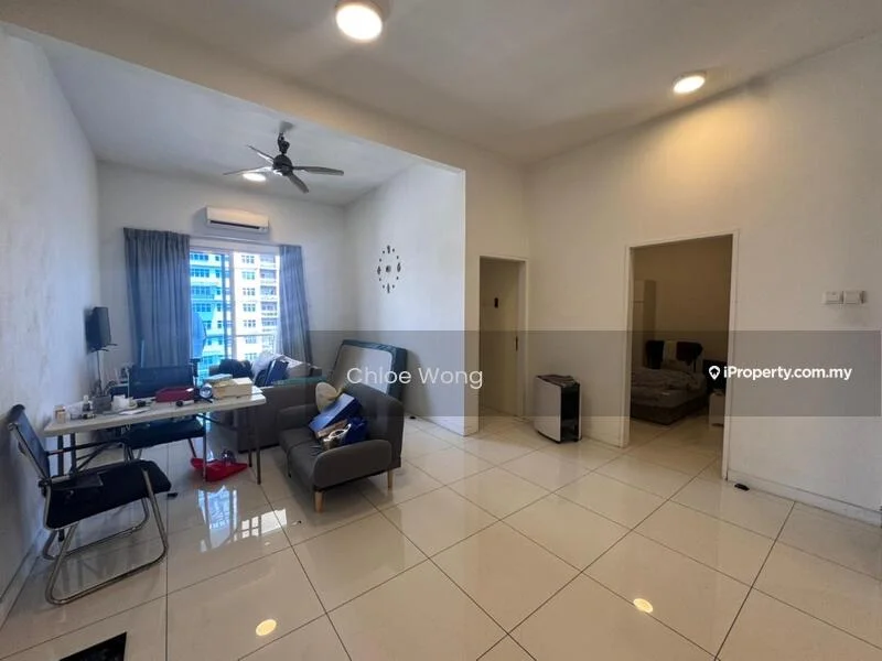 Living features: white painted walls, glossy white tile flooring, 5-blade ceiling fan with light, floor-to-ceiling windows, grey fabric sofa, glass coffee table, dining table with chairs, air conditioning unit, decorative wall clock; style: modern; view: city. Room features: white painted walls, glossy white tile flooring, doorway leading to another room.