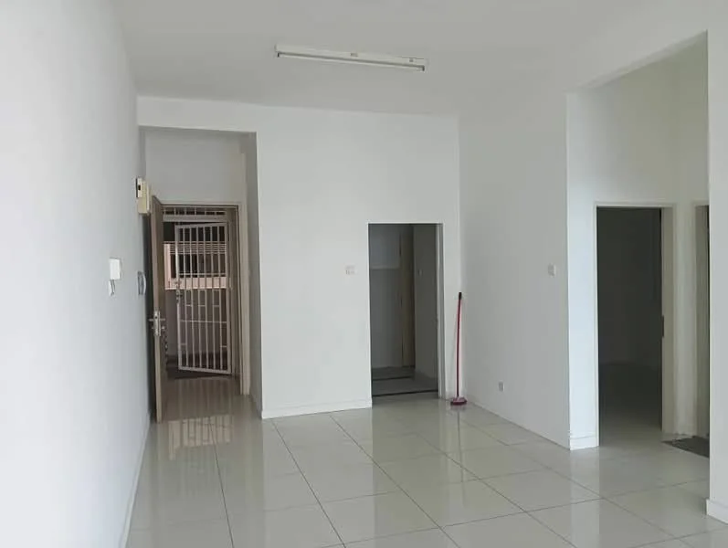 Room features: white painted walls, glossy tile flooring, recessed ceiling lights, doorway leading to another room, doorway leading to a hallway, clean and minimalistic design, no visible furniture, open layout; style: modern.