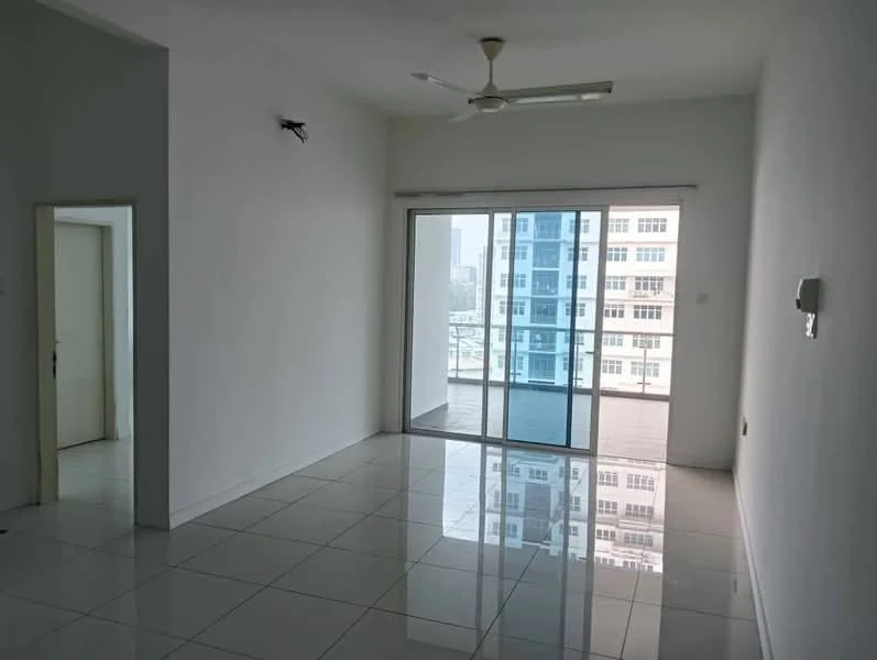 Living features: white painted walls, glossy white tile flooring, 5-blade ceiling fan with light, floor-to-ceiling sliding glass door, balcony access, natural light from large windows, neutral decor, no visible furniture; style: modern; view: city.