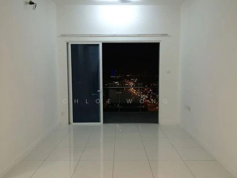 Room features: white painted walls, glossy white tile flooring, floor-to-ceiling sliding glass door, balcony with city view, recessed ceiling lights; style: modern; view: city.