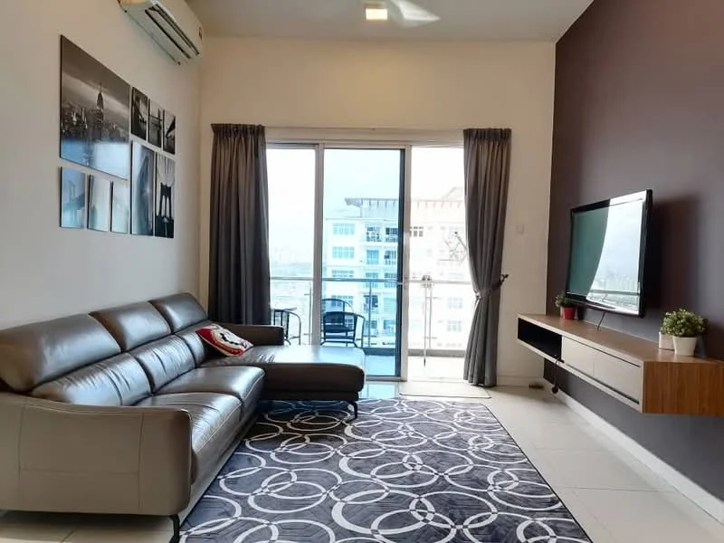 Living features: 3-seater leather sofa in grey, coffee table, wall-mounted TV, TV console, area rug with circular pattern, floor-to-ceiling sliding glass door, curtains in grey, air conditioning unit, decorative plant on console; style: modern; view: city.