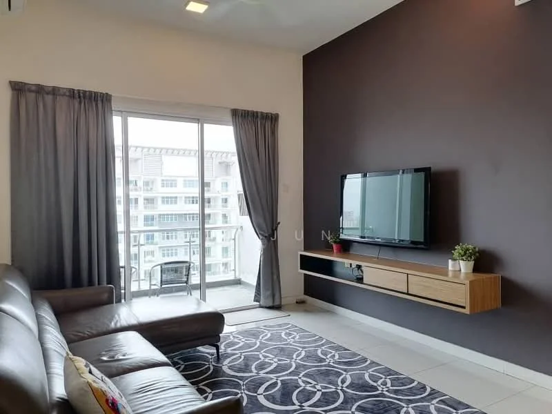 Living features: 3-seater leather sofa in brown, coffee table, wall-mounted TV, TV console with wood finish, area rug with geometric pattern, floor-to-ceiling sliding glass door, curtains in grey, decorative plant on console, white walls, dark accent wall, recessed downlights, ceiling fan; style: modern; view: city.