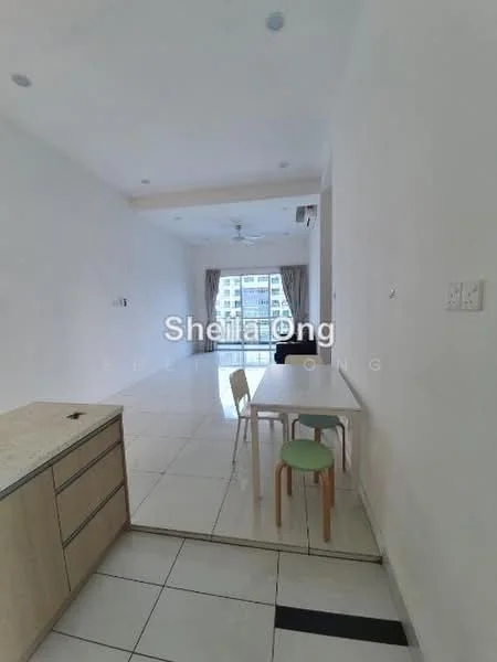 Room features: white painted walls, tile flooring, 5-blade ceiling fan, large windows with sheer curtains, dining table with chairs, kitchen island with countertop, recessed lighting, open layout; style: modern; view: city.
