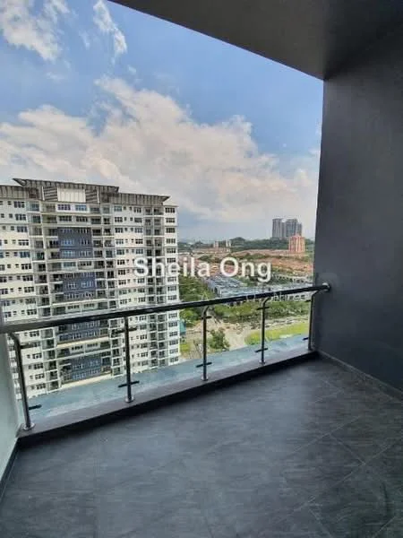 Balcony features: glass railing, grey tiled flooring, city view, overlooking green landscape, partially covered, spacious layout; style: modern; view: city.