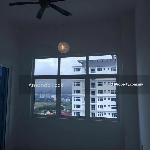 Room features: white painted walls, ceiling fan, large windows, city view, hanging pendant light; view: city.