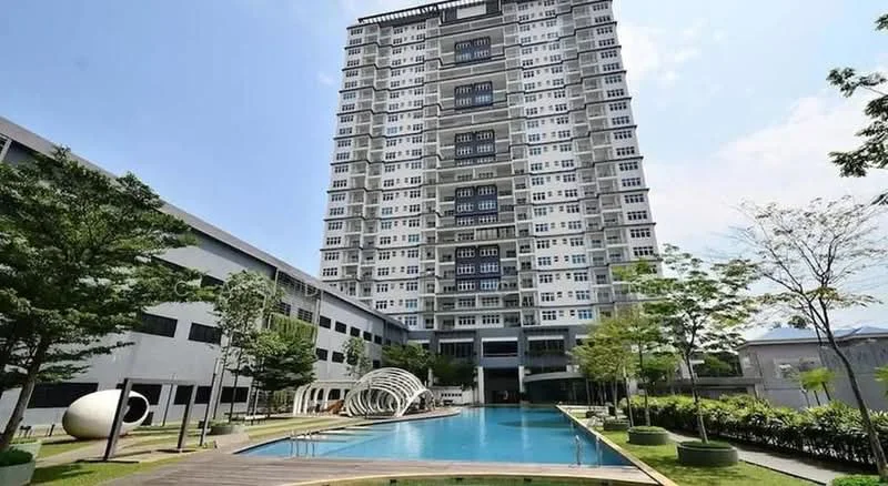 Exterior type: high-rise condominium; features: glass curtain wall, white painted facade, recessed balconies, infinity pool, pool deck with loungers, manicured landscaping, mature trees, surrounded by greenery; style: modern.