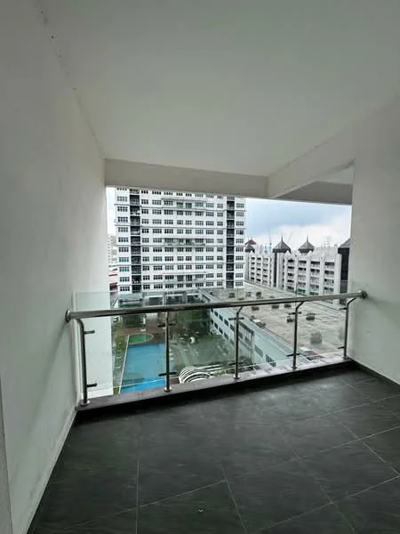Room features: glass railing, grey tile flooring, white walls, overhead ceiling, view of swimming pool, view of surrounding buildings; style: modern; view: pool.