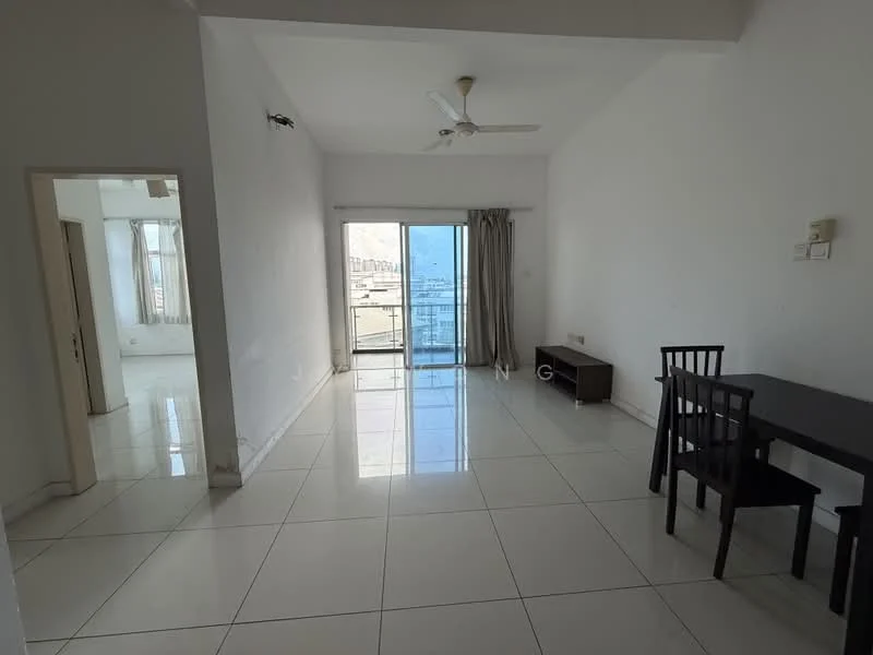 Living features: white painted walls, glossy white tile flooring, 5-blade ceiling fan, floor-to-ceiling sliding glass door, curtains, dining table with 4 chairs, TV console, natural light from large window, open layout, view of city skyline; style: modern; view: city.