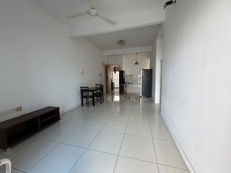 Living features: white painted walls, glossy white tile flooring, ceiling fan, 2-seater black dining table, 2 black chairs, TV console, open layout, natural light from windows; style: modern. Kitchen features: kitchen cabinetry, stainless-steel fridge, open kitchen layout, countertop, pendant light; style: modern.