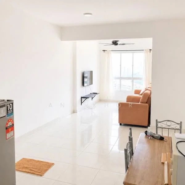 Living features: white painted walls, glossy tile flooring, 5-blade ceiling fan, wall-mounted TV, sofa in orange, large window with sheer curtains, coffee table, dining table with chairs; style: modern; view: city.